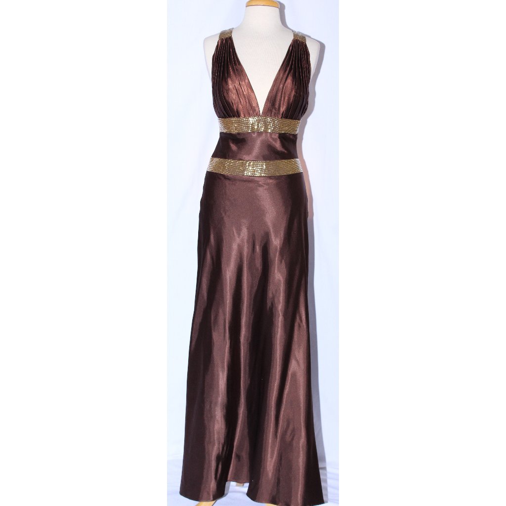 Nwot Mayqueen #456 Long Satin Beaded Prom Or Evening Gown-Sizes 10- Brown